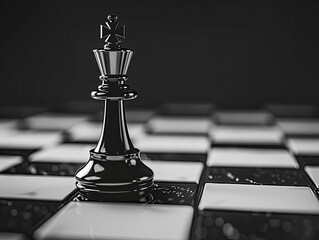a white chessboard with one black king standing alone in the center - Strategy and contrast - Clean and simple background - Creative and symbolic style of photography & artistic drawing - obrazy, fototapety, plakaty