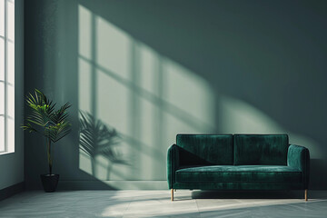 Dark green sofa and plant near the empty wall and big window modern monochrome interior for mockup wall art promotion background. indoor concept with a copy space.