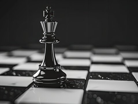 a white chessboard with one black king standing alone in the center - Strategy and contrast - Clean and simple background - Creative and symbolic style of photography & artistic drawing