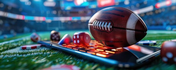Sports betting concept. Rugby ball on football stadium. copy space for text