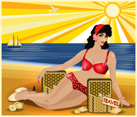 Travel Pinup girl with bag, greeting card, vector illustration