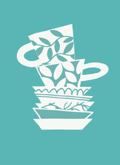 Decor printable art. Vector illustration. Design for prints, posters, cards, textile. Hand drawn potter coffee cups. Isolated background