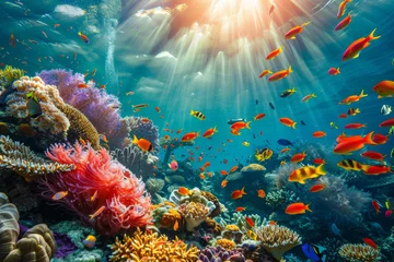 Raamstickers A colorful coral reef with many fish swimming around © mila103