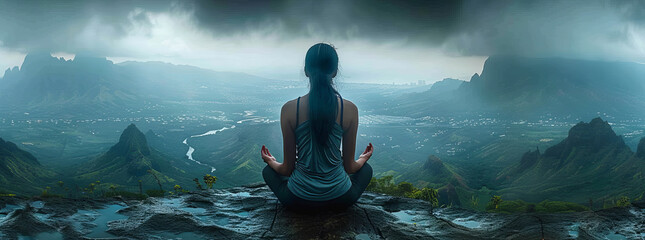 photo of the hawaiian mountain top overlooking cityscape, woman sitting in lotus position looking out at view,generative ai - obrazy, fototapety, plakaty