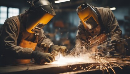 The two handymen performing welding and grinding at their workplace in the workshop, while the spark - obrazy, fototapety, plakaty