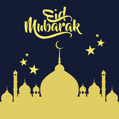Eid mubarak greeting card with black backgroundwith the Arabic calligraphy means Happy eid and Translation from arabic: may Allah always give us goodness throughout the year and forever
