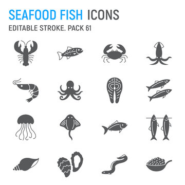 Seafood and fish glyph icon set, sea animals collection, vector graphics, logo illustrations, ocean animals vector icons, seafood and fish signs, solid pictograms, editable stroke