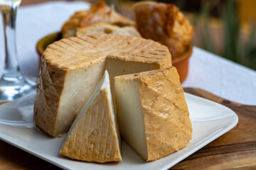 Cheese collection, piece of fresh smoked Spanish goat cheese close up