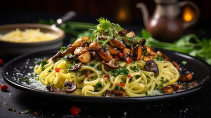 Plate of Pasta With Mushrooms and Parmesan Cheese