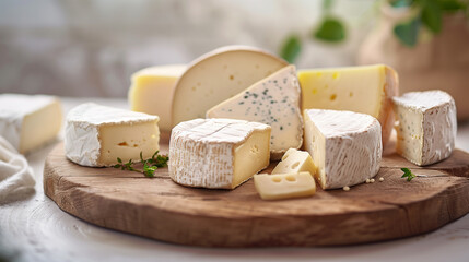 Assorted Cheese Selection on Wooden Board