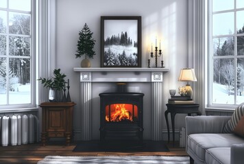 Minimalist living room with an elegant black wood stove, a comfortable sofa and soft throw blanket in the background - obrazy, fototapety, plakaty