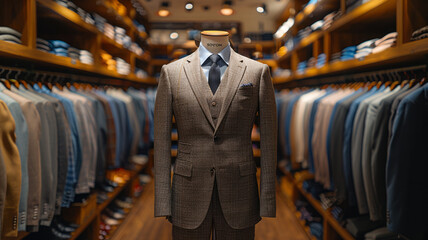 front shot, suits on rack left and right in the background, grey background, minimal,generative ai