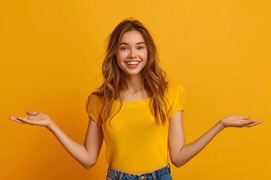 Photo of excited positive lady dressed cowskin top comparing arms empty space isolated yellow color background