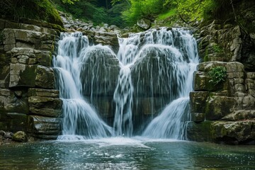 A large waterfall with a powerful rush of water cascading down, creating a stunning display of natures force, A heart made of cascading waterfall, AI Generated