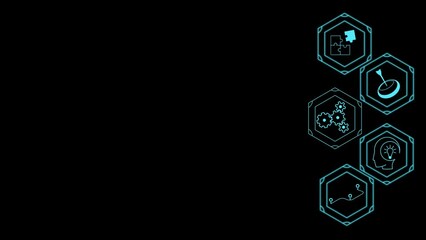Hexagonal icons with symbols of personal development and achieving goals are located on a black background on the right. The left side is free for placement. Cg