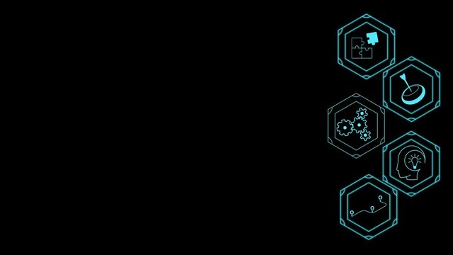 Hexagonal icons with symbols of personal development and achieving goals are located on a black background on the right. The left side is free for placement. Cg