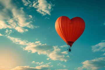 Fototapeta premium A heart shaped balloon is seen soaring through the sky against a background of clouds, A heart-shaped hot air balloon soaring in the sky, AI Generated