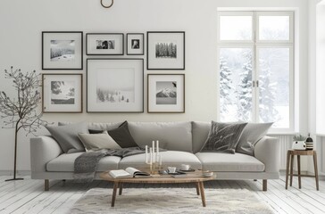 A simple living room with a sofa, white walls and floor, a window on the right side of the wall. A winter landscape outside the window