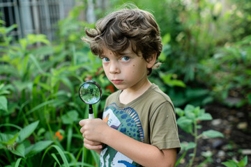 7-year-old Alex, with tousled hair and big blue eyes, explores his backyard jungle with a magnifying glass and notebook, documenting bugs and plants. - obrazy, fototapety, plakaty
