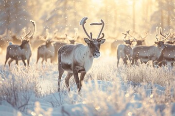 A group of deer stands on a field covered in snow, A herd of reindeer in a shimmering, snowy field, AI Generated