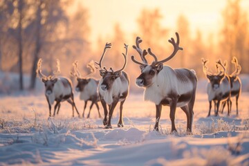 A group of reindeer standing together on top of a field covered in snow, A herd of reindeer in a shimmering, snowy field, AI Generated