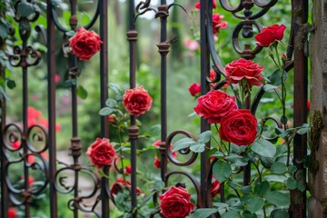 Fototapeta na wymiar A vibrant bunch of red roses thrives on a fence, showcasing their beauty and resilience, A hidden garden full of blooming red roses behind an ornate wrought iron gate, AI Generated