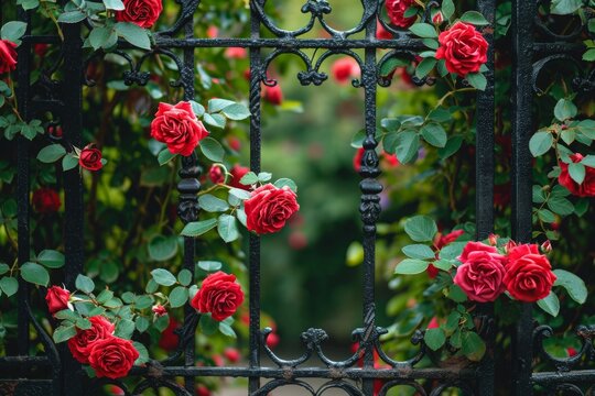 A photo showcasing a bunch of roses growing beautifully on a fence, A hidden garden full of blooming red roses behind an ornate wrought iron gate, AI Generated