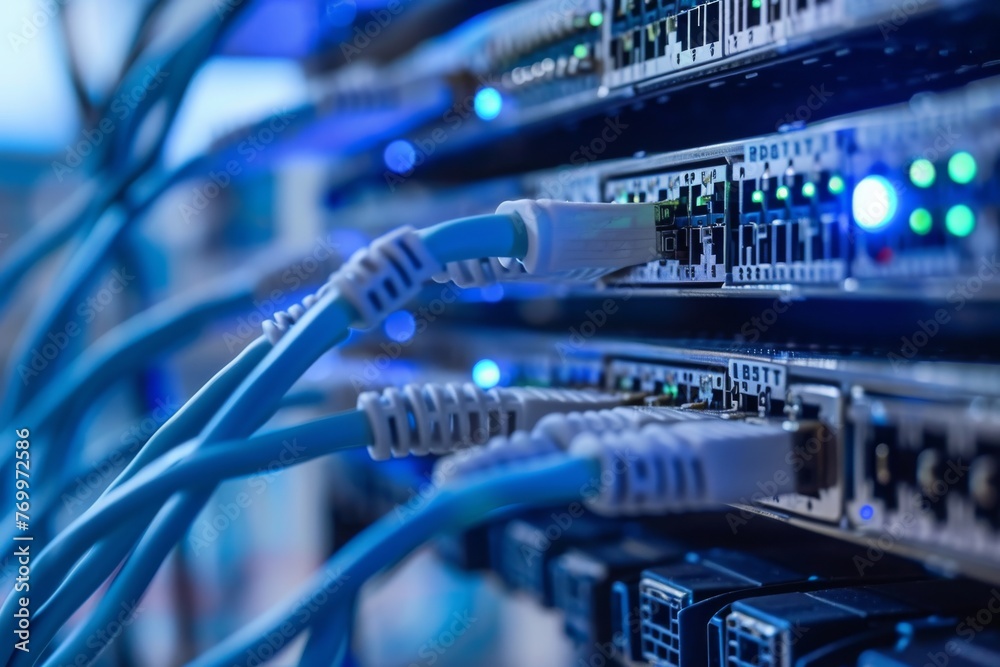 Poster multiple wires connected to a server, forming a complex network infrastructure, a high-level overvie