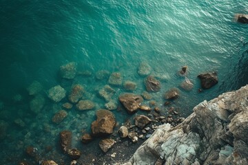 A photo of a body of water surrounded by rocks, showcasing the natural beauty of the landscape, A high-altitude image of a tranquil sea and scattered rocks, AI Generated