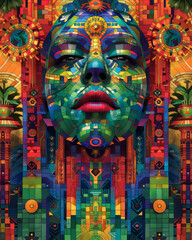 Obraz premium create a jungle scene with symetrical geometry, steampunk vibes with blue green and yellow and red cartoon colors, spiritual vibes,generative ai