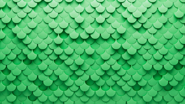 Polished Tiles arranged to create a Futuristic wall. 3D, Green Background formed from Fish Scale blocks. 3D Render