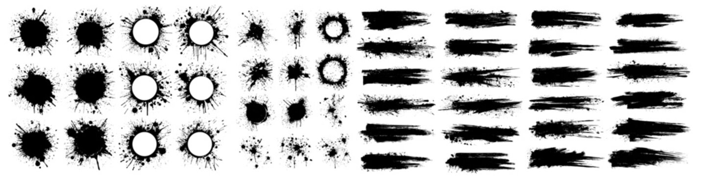 Grungy paint brush strokes and artistic ink splatters with smears and stains. Ink paint splashes with drips, blot drops, dry brush marks, rough round frames. Vector illustration
