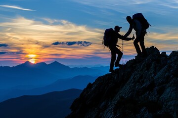 Adventurous Couple Standing Atop Mountain Summit, A hiker assisting their friend as they climb to the mountain peak, AI Generated