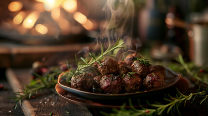 Herb-Infused Meatballs Steaming on Rustic Kitchen Table - obrazy, fototapety, plakaty
