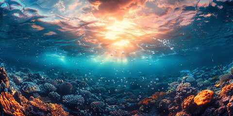In the tranquil depths, beneath the aqua marine surface, bubbles dance amidst the clear blue sea - obrazy, fototapety, plakaty