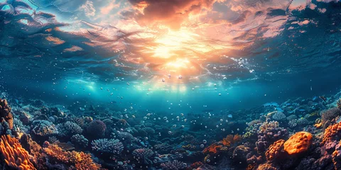 Fotobehang In the tranquil depths, beneath the aqua marine surface, bubbles dance amidst the clear blue sea © Andrii Zastrozhnov