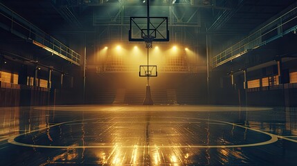 Look up at the NBA game, where big perspective meets indoor basketball court, bathed in dramatic spotlight.