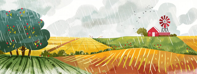 A colorful watercolor illustration of a farm with crops, a river, windmills, and a house under Rain. Agricultural Education, Background, Lifestyle Publications, Children's Book, Card, Event Banner