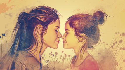 Mother and daughter touches their noses in a digital drawing. Mother's Day