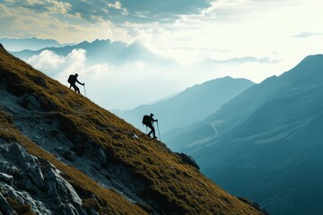 Two individuals are seen climbing up the steep slope of a mountain together, A hiker pulling their friend up a steep mountain slope, AI Generated - Powered by Adobe