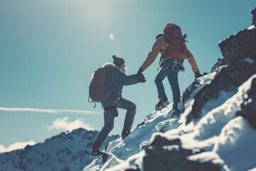 Adventurous Couple Climbing a Snow-Covered Mountain, A hiker displaying solidarity, assisting a friend up a snowy peak, AI Generated