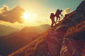 Two individuals engaged in the physical activity of climbing up the rugged terrain of a mountain, A hiker pulling their friend up a steep mountain slope, AI Generated - obrazy, fototapety, plakaty
