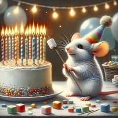 A happy mouse wears a colorful party hat and holds a marshmallow on a stick, ready to toast it over the candles of a large birthday cake