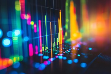A dynamic and vivid portrayal of a wall adorned with an assortment of colorful lights, creating a visually striking display, A histogram indicating frequency of certain stock trades, AI Generated