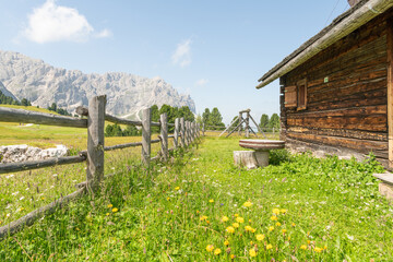 Fototapeta na wymiar Beautiful summer view on a wooden mountain hut. Idyllic scenery, Alpine meadow in the foreground, rocky Italian mountains in the background. Sunny summer day. Villnöß, Villnöss Valley, South Tyrol.