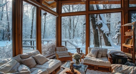 A sunroom in the woods with large windows