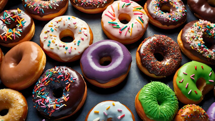 Different donuts with different glazes, from sugar, cream, jam and more.