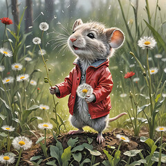 A whimsical mouse wearing a red jacket stands upright in a summer field holding a dandelion - 769973704