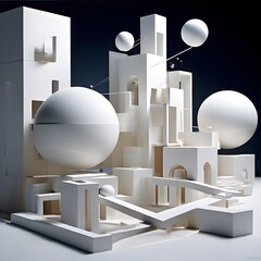 In a celestial realm of monochromatic hues, colossal spheres orbit amongst towering architectural forms, their luminous presence casting an ethereal glow over the sculpted cityscape of geometric shape