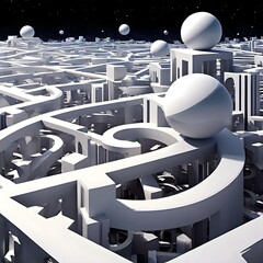A celestial metropolis emerges, its winding pathways and towering structures forming an intricate labyrinth under the watchful gaze of colossal spheres that drift through the cosmic abyss like etherea